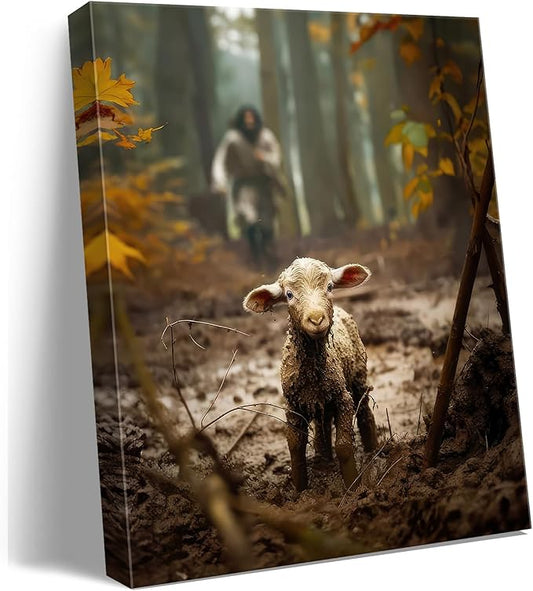 Religious wall decor for prayer room Christian wall art for Christmas decorations indoor Jesus and Lamb canvas wall prints Jesus Running After Lost Lamb Picture for home decor Baptism gifts for boys-girl serenity prayer wall art A-333