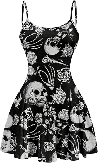 Women's Skull Print Sleeveless Cami Dress Flare Hem Y2k Mini Dresses