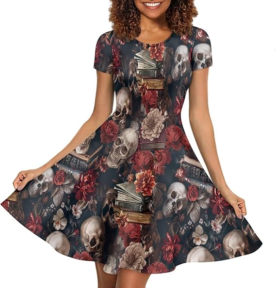 Women's Summer Casual Loose Crewneck Dress Ruffle Puffy Long Sleeve High Waist Midi Dress