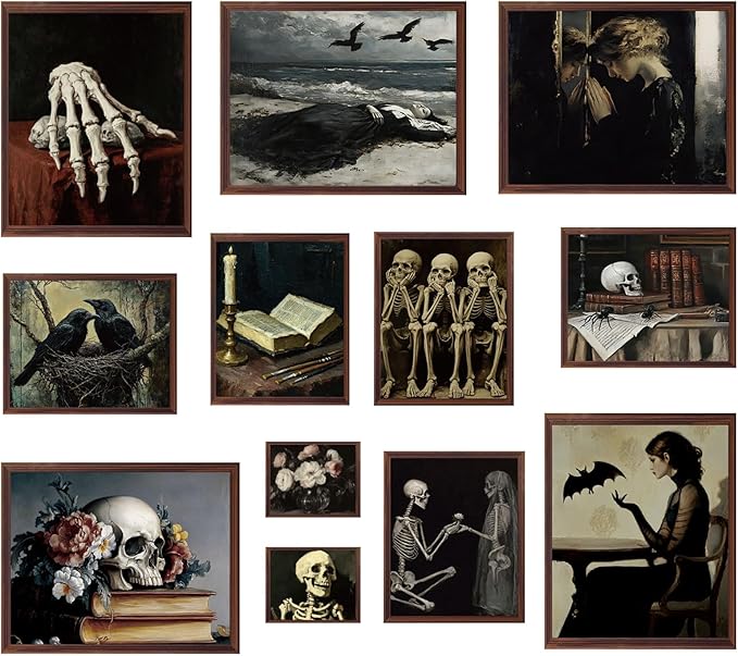 JarThenaAMCS 12 Pcs Halloween Dark Wall Art Prints Skeleton Skull Flower Crow Paper Posters Horror Picture Decoration for Home Gallery Living Room Office, Unframed