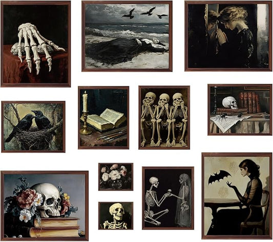 JarThenaAMCS 12 Pcs Halloween Dark Wall Art Prints Skeleton Skull Flower Crow Paper Posters Horror Picture Decoration for Home Gallery Living Room Office, Unframed