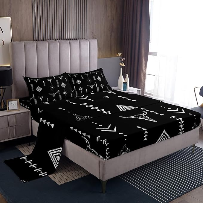 Erosebridal Bull Skull Bed Sheets Set Queen Boho Horns Sheet Set Kids Ethnic Bohemian Sheets Tribal Symbol Mysterious Aztec Room Decor Geometric Abstract Black Silver Flat Fitted Sheet