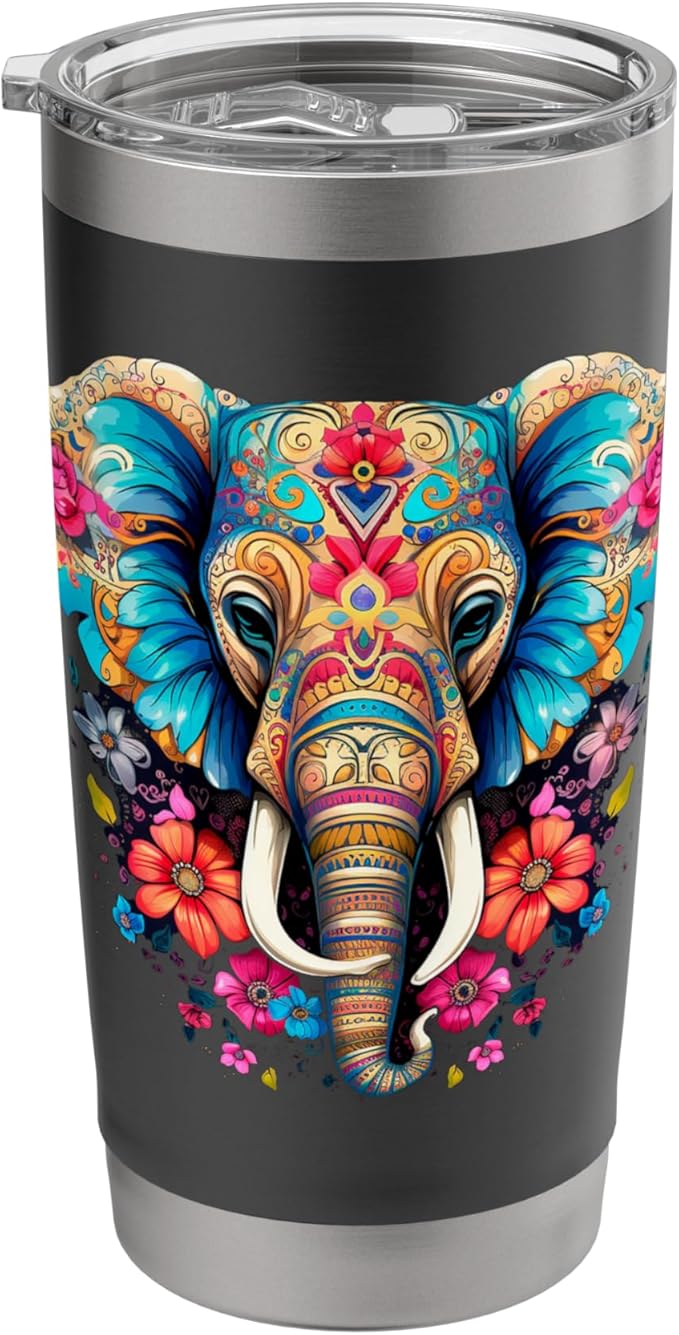 Colorful Sugar Skull Elephant Halloween Men Women Kids Stainless Steel Insulated Tumbler