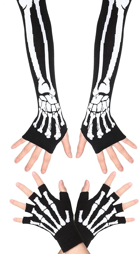 2 Pairs Halloween Skeleton Gloves Elastic Knitted Fingerless Hand Warmer Unisex Warm Half Finger Gloves for Men and Women