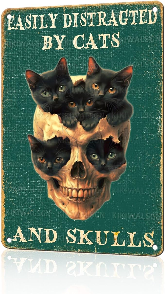Vintage Skull and Cat Tin Sign Easily Distragted By Cats And Skulls Retro Metal Poster Funny Wall Art Cafe Office Wall Decorations for Home Bar Pub Club Man cave Pet Lovers 12 * 8 In
