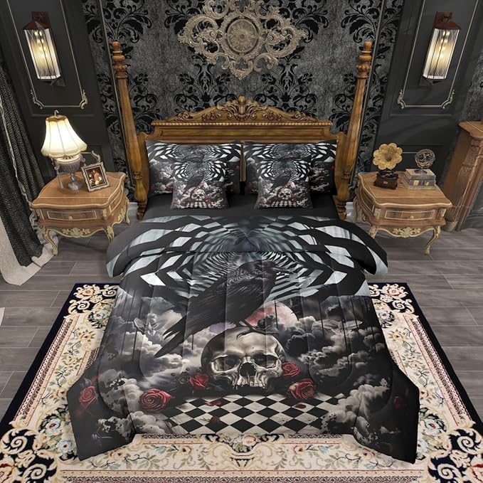 Erosebridal Halloween Crow Full Comforter Set with Sheets 7 Piece Gothic Skull Bed in A Bag Rose Skull Bedding Sets for Kids Adults,Skeleton Bones Bed Set