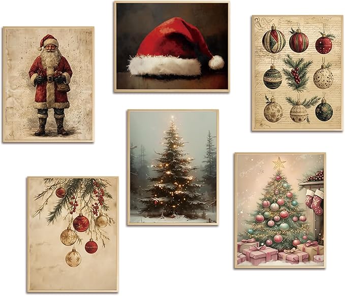 Vintage Christmas Canvas Wall Art Set of 6, Santa Claus Xmas Tree Snow Scene Prints Posters, Winter Holiday Artwork for Living Room Gallery Wall Decor, Christmas Aesthetic Home Decor 8x10 inch Unframed