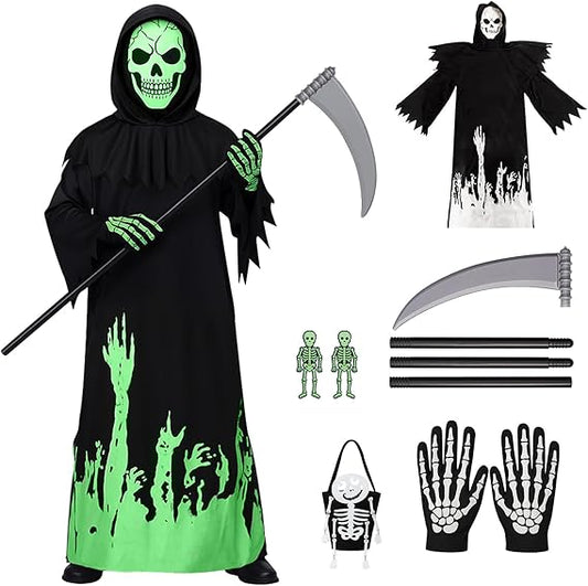 Glow in the Dark Grim Reaper Costume for Kids Boys, Halloween Scary Phantom Outfit with Scythe,Skull Mask Glove Bag