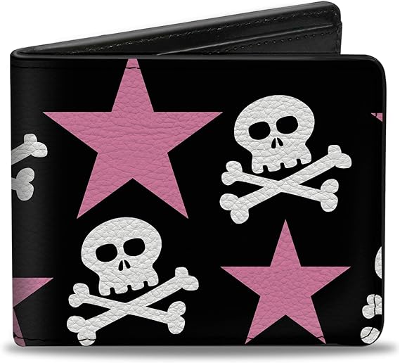 Buckle-Down Men's Wallet, Bifold, Skulls Stars Black White Pink, Vegan Leather, Multi, 4.0" x 3.5"