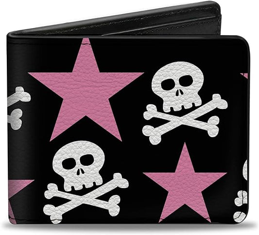 Buckle-Down Men's Wallet, Bifold, Skulls Stars Black White Pink, Vegan Leather, Multi, 4.0" x 3.5"