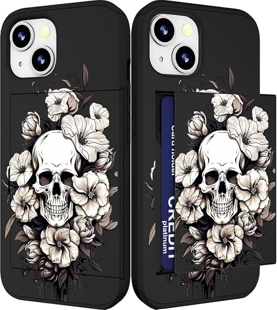 Compatible with iPhone 14/13 Case Cute with Card Holder Shockproof Slim Slot Phone Wallet Cover for Women/Black Floral Skull Flower Skeleton Tattoo Cool