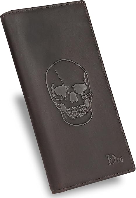 DK86 Skull Long Wallet For Men Full Grain Leather Rfid Blocking Rodeo Wallet Bifold Wallet Skull Wallet, Coffee D