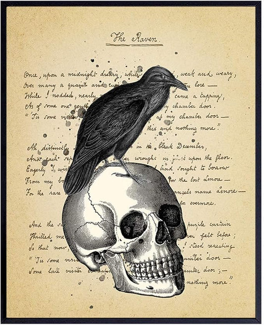 Edgar Allan Poe The Raven on Skull Poster - Vintage Gothic Creepy Wall Art - Goth Rustic Retro Home Decor, Nevermore Poem - Apartment or Office Decoration Picture for Living Room, Bedroom