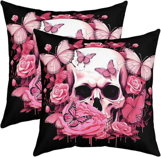 Erosebridal Set of 2 Sugar Skull Throw Pillow Covers 18x18 Pink Butterfly Pillow Covers Rose Floral Gothic Skull Cushion Covers Flower Skeleton Bones Moth Animals Decorative Accent Pillow Cases