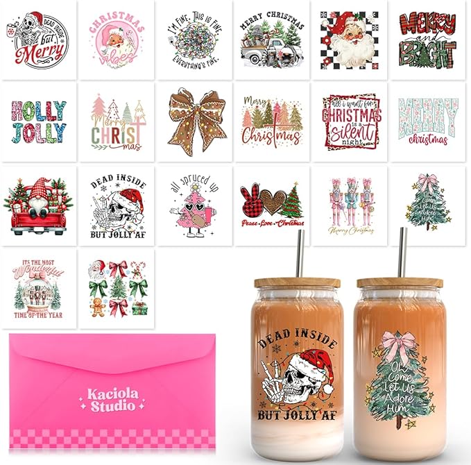 20 Sheets Christmas UV DTF Cup Wraps for 16oz - Skull Christmas Theme Stickers for Glass Mugs Coffee, Bow UV DTF Decals Waterproof Rub on Transfer DIY Crafts for Notebook Laptop DIY