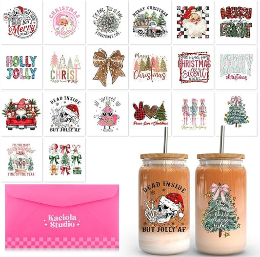 20 Sheets Christmas UV DTF Cup Wraps for 16oz - Skull Christmas Theme Stickers for Glass Mugs Coffee, Bow UV DTF Decals Waterproof Rub on Transfer DIY Crafts for Notebook Laptop DIY