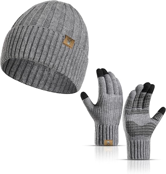 Winter Beanie Hat and Touchscreen Gloves Set for Men, Soft Skull Cap Gloves Set with Warm Knit