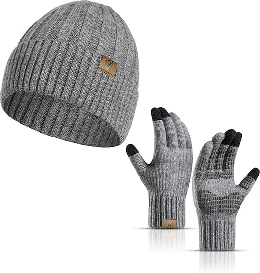 Winter Beanie Hat and Touchscreen Gloves Set for Men, Soft Skull Cap Gloves Set with Warm Knit