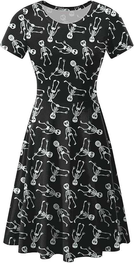 Women Halloween Short Sleeves Printed Dress Vintage Style A-Line Party Dresses