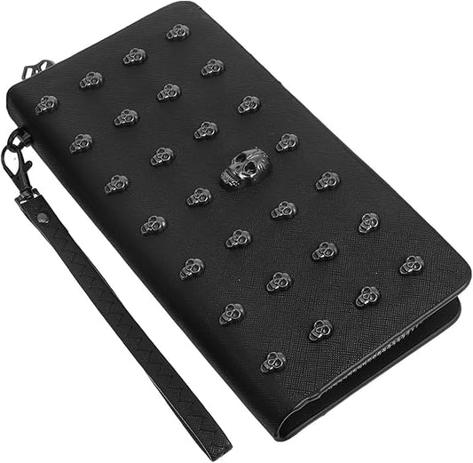 TENDYCOCO 3pcs Phone Handbag Gothic Pu Holder Vintage Wallet Wristlet Skull Lether for Zippered Black Punk Clutch Long Wallet