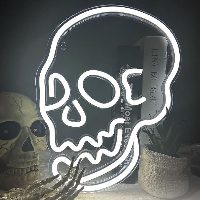 Halloween Decoration Skull Neon Sign, White LED Skull Shape Neon Wall Light Signs Decor, Wall Night Lights Cool Neon Sign Decor for Room Bedroom Bar Christmas Halloween Birthday Party Supply