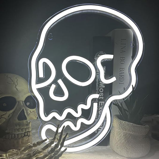 Halloween Decoration Skull Neon Sign, White LED Skull Shape Neon Wall Light Signs Decor, Wall Night Lights Cool Neon Sign Decor for Room Bedroom Bar Christmas Halloween Birthday Party Supply