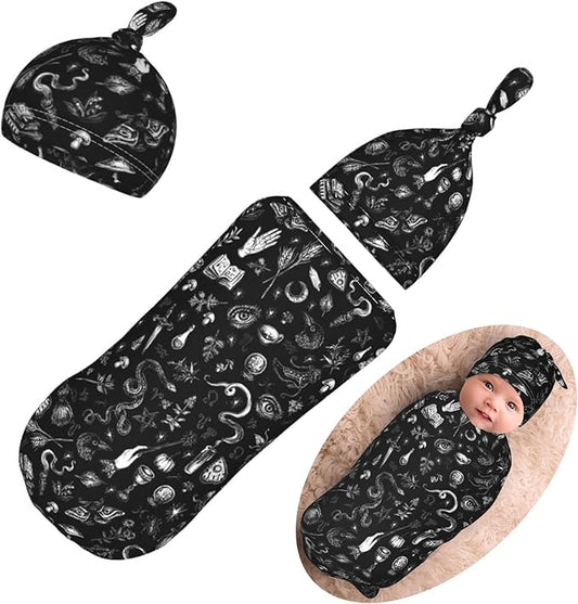 Halloween Newborn Swaddling Blanket Beanie Hat Sets Soft Baby Receiving Funny Goth Skull Blanket Soft Sleeping Bag New Born Soft Sleep Sacks for Boys Girls