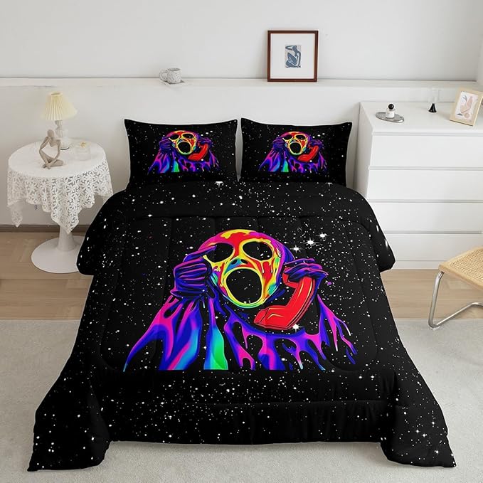 Blacklight Horror Skull Pattern Comforter Set Full Size Horror Face Bedding Set for Kids Boys Girls Bedroom Decoration Halloween Glowing Art Duvet Quilt with 2 Pillowcases