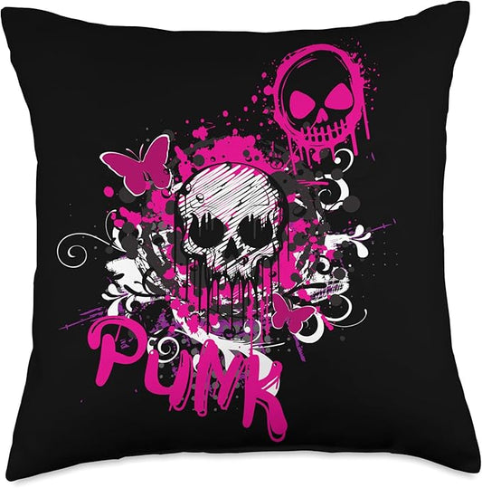 Pink skull y2k 2000s emo punk rock scene kid goth graphic Throw Pillow