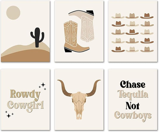 Isfvqyub Preppy Boho Western Country Wall Art, Aesthetic Cowboy Hat Cowgirl Boot Poster For Girl Boy, Trendy Cow Skull Wall Decor For Bedroom Dorm College Apartment, Set Of 6 -A15
