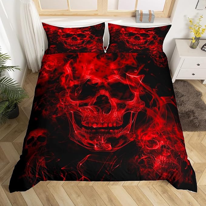 Feelyou Sugar Skull Bedding Set King Size Gothic Skull Comforter Cover Set for Kids Teens Adults Halloween Themed Duvet Cover Smokey Red Black Bedspread Cover Room Decor 3Pcs with 2 Pillow Case