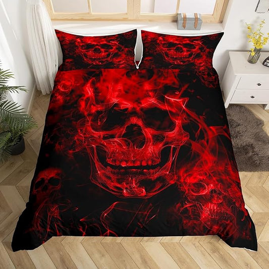 Feelyou Sugar Skull Bedding Set King Size Gothic Skull Comforter Cover Set for Kids Teens Adults Halloween Themed Duvet Cover Smokey Red Black Bedspread Cover Room Decor 3Pcs with 2 Pillow Case