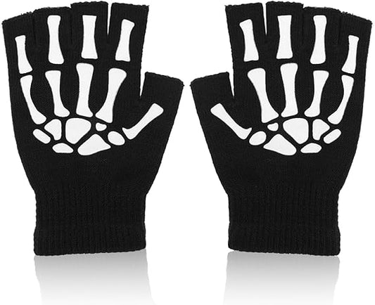 Skeleton Fingerless Gloves, Glow in the Dark Skull Gloves Goth Style Mittens for Men & Women Adults Halloween Costume & Emo Accessories