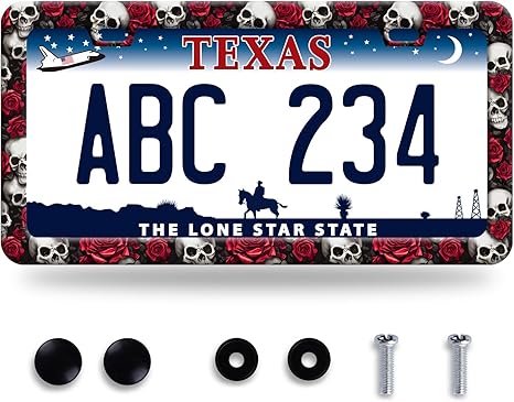 Skulls Roses License Plate Frame Skull Flower License Plate Frames Stainless Steel Accessories Cars Decor with 2 Holes and Screws Fits Standard US CA Vehicles Size 12.2 x 6 Inches