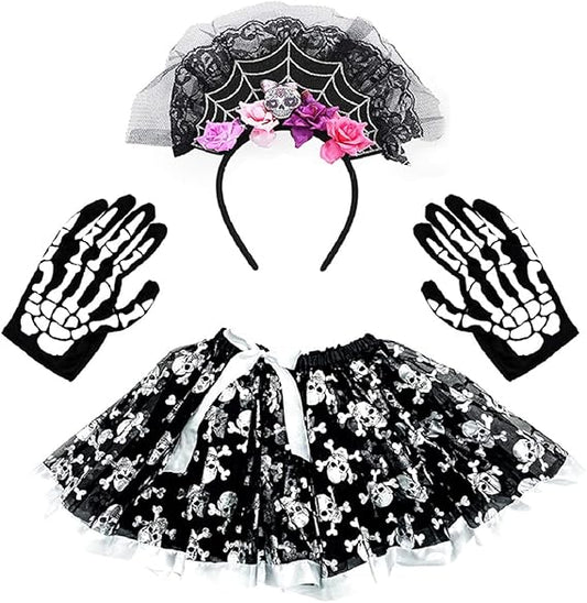 Halloween Costume Dress Up with Headband + Gloves + Tutu Dress Outfit for Women Girls Halloween Christmas Cosplay Costume Role Play Stage Performance, Black, One Size