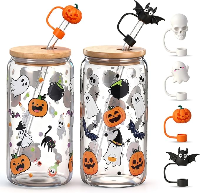 2 Sets Halloween Ghost Glass Cups with Lid and Straw 16 oz Pumpkin Drinking Party Glasses with Pumpkin Ghost Skull Bat Straw Topper Spooky Iced Coffee Tumbler for Women Men Halloween Gifts