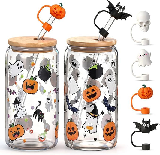 2 Sets Halloween Ghost Glass Cups with Lid and Straw 16 oz Pumpkin Drinking Party Glasses with Pumpkin Ghost Skull Bat Straw Topper Spooky Iced Coffee Tumbler for Women Men Halloween Gifts