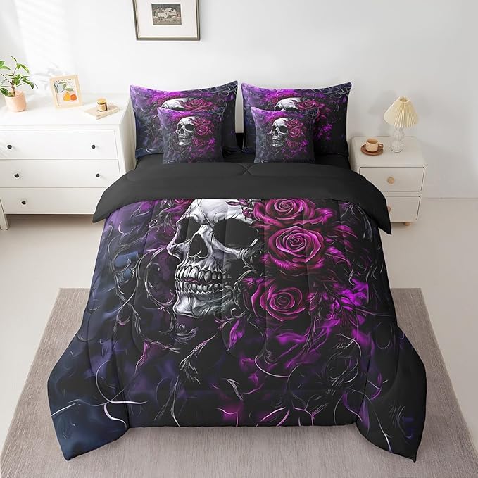 Feelyou Sugar Skull Comforter Set with Sheets Purple Blue Rose 7 Piece Bedding Set Full Size for Kids Gothic Skull Bed in a Bag Scary Bed Set