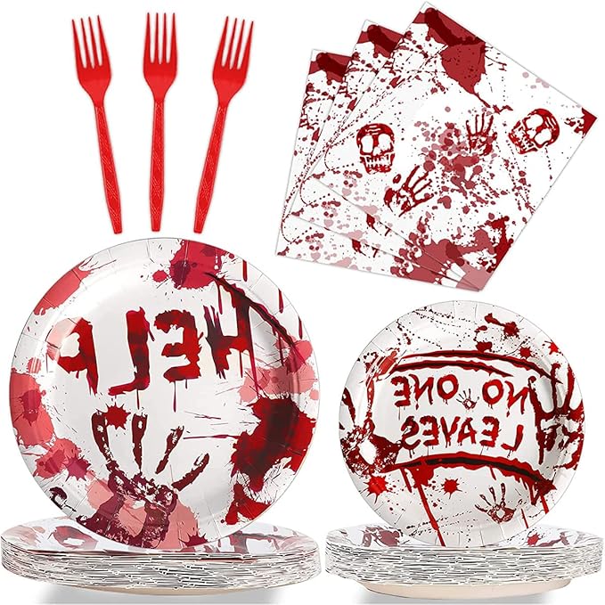96 Pcs Zombie Halloween Party Plates Napkins Tableware Set Halloween Birthday Party Supplies Disposable Paper Dinnerware Zombie Theme Table Decoration Favors for Birthday, 24 Guests
