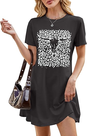 Boho Cow Skull Shirts for Women: Western Cowgirl Dress Country Concert Outfits Short Sleeve Dress