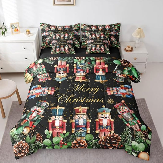 Erosebridal Cartoon Xmas Nutcracker Queen Comforter Set with Sheets 7 Piece Christmas Nutcracker Bed in A Bag Pinecone Pine Leaves Bedding Sets for Kids Adults,Merry Christmas Bed Set