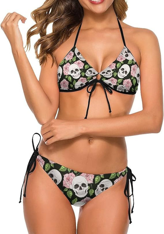 Swimsuits Roses and Skulls Bikini Set with Bra and Strappy Triangle Briefs for Women