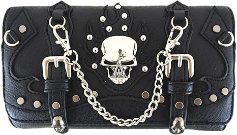Punk Gothic Rock Metallic Skull Studded Chain Women Wristlet Removable Shoulder Strap Trifold Wallet Black