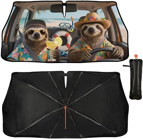 Funny Sloth Car Windshield Sun Shade Umbrella Bendable Handle Foldable Animal Print Sloth Sunshade for Car Windshield Block UV Rays Keep Vehicle Cool for Most Sedans SUV Trucks Cars 57"x30"
