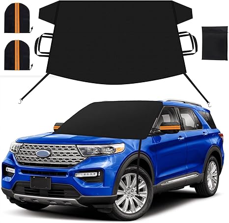 Car Windshield Cover for ice and Snow Double Fixing Easy Removal Windshield Snow Cover Protector with Side Mirror Cover Windproof Sunshade Cover for Cars, SUVs, Trucks, Vans (75"x47")