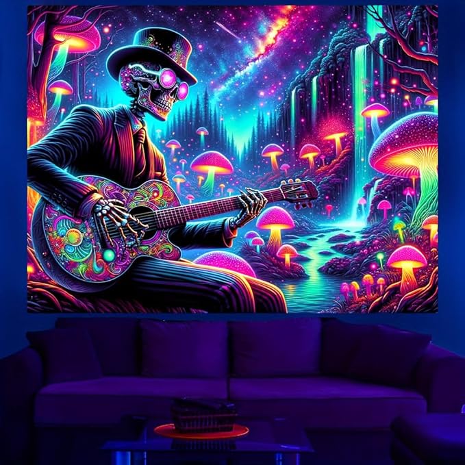 BlissYard Blacklight Skull Tapestry UV Reactive Trippy Skeleton Starry Galaxy Planet Posters Mountain Landscape Wall Tapestry Hippie Mushroom Hanging for Bedroom 59" X 78" Wall Hanging Dino Wall Decor