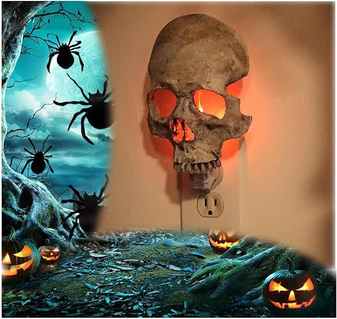 Human Skull Light, 2023 New Halloween Handcrafted Realistic Skull Night Light, Spooky Horror Atmosphere Skull Night Light Decor, Skull Lamp for Halloween Party Wall Decor (A)