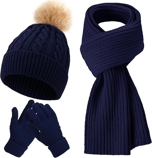 3 Pieces Winter Beanie Hat Scarf Touch Screen Warm Gloves Set Knit Skull Cap for Men and Women