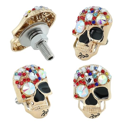 Skull License Plate Bolt Sparkling Diamond Fasteners Decorative License Plate Screw Funny Cool License Plate Frame Kit 4 Pcs Fit Most Cars Truck Motorcycle Modified Vehicle (Gold)