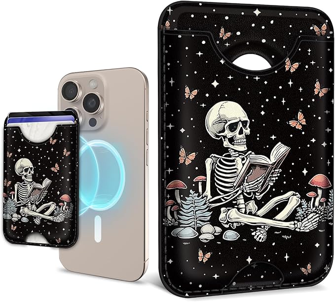 for Magsafe Magnetic Phone Wallet, Skeleton Book Magnetic Credit Card Holder Case, Slim RFID Vegan Leather Magnet Wallet Women, Stick on Back for iPhone 16 15 14 13 12 Pro Promax, 3 Cards